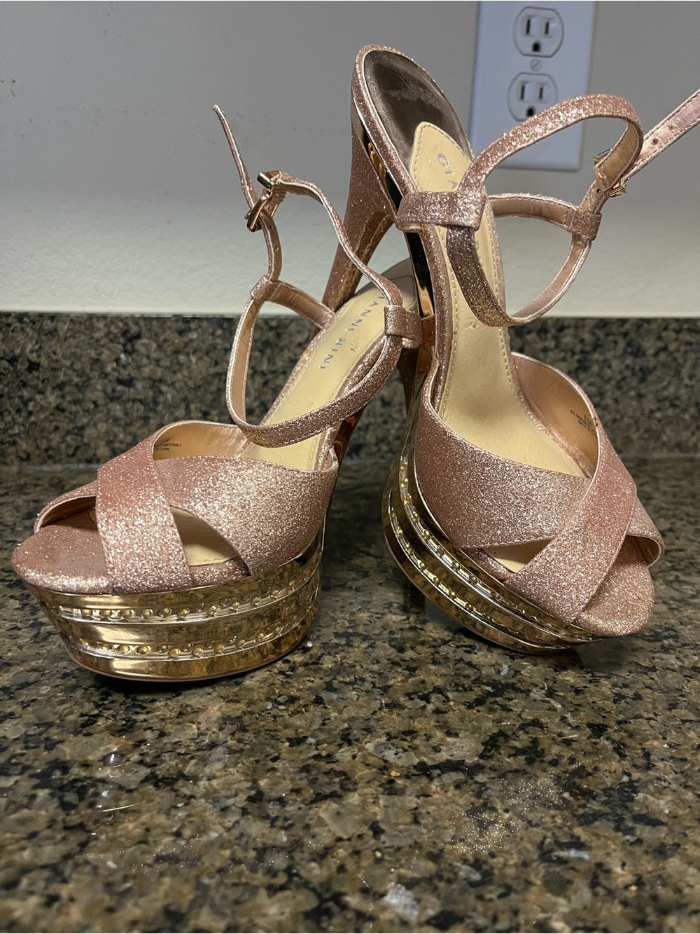 Gianni Bini Rose Gold Glitter Platform Sandals with Gold Trim